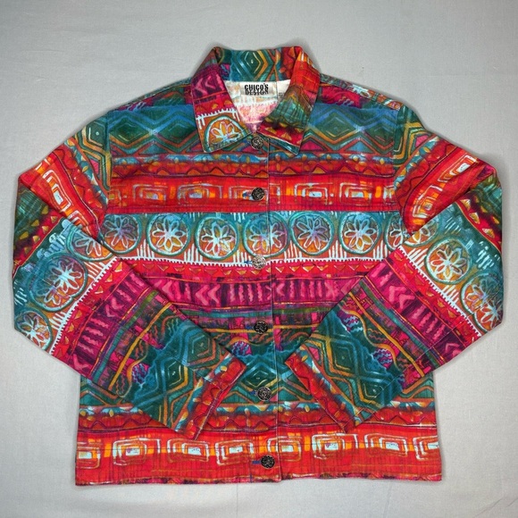 Chico’s Design Vintage Abstract Southwest Inspired Print 100%Cotton Denim Jacket - Picture 2 of 9
